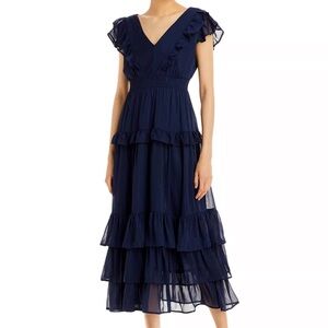 Aqua Tiered Ruffle Navy Blue Midi Dress - Size XS